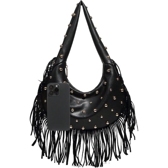 Black Women's Fringe Studded Faux Leather Shoulder Bag Zipper Handbag - Picture 2 of 4
